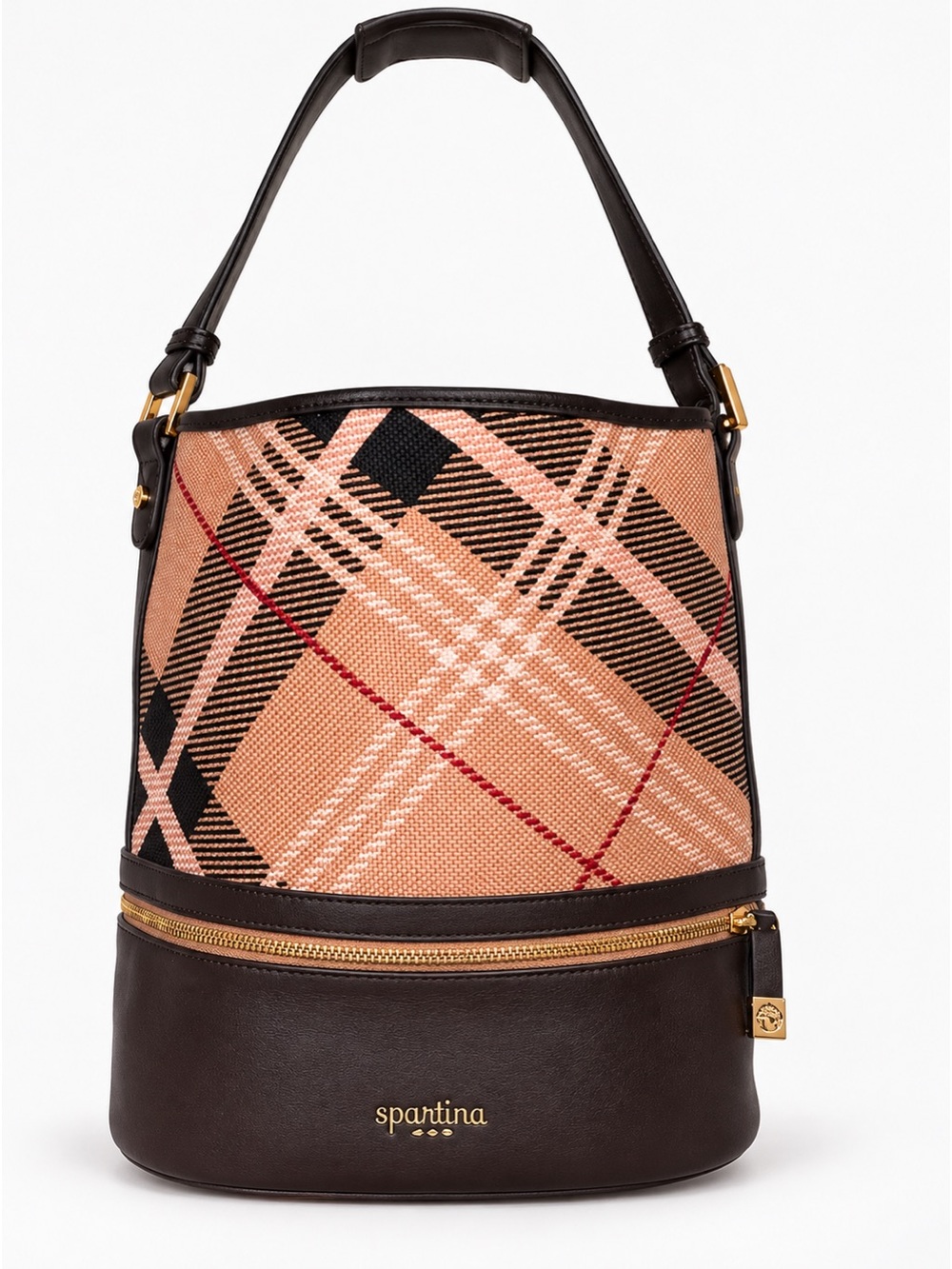 Spartina 449 Peach Plaid Bucket Shoulder Bag with Dark Brown Trim